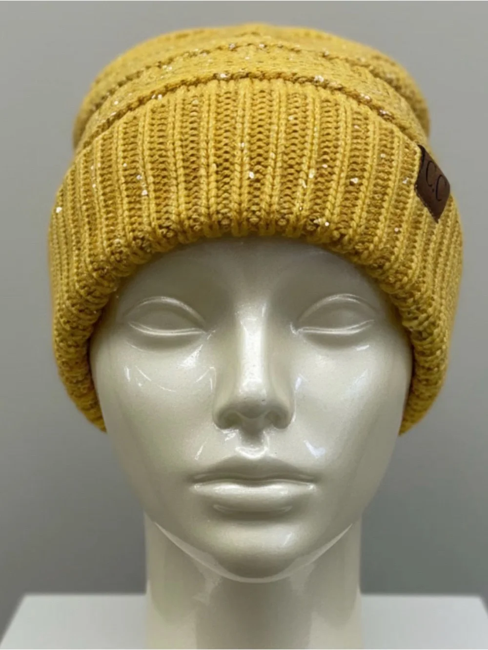 C.C. Exclusives Mustard Yellow Chunky Knit Beanie with Silver Shimmer Like New